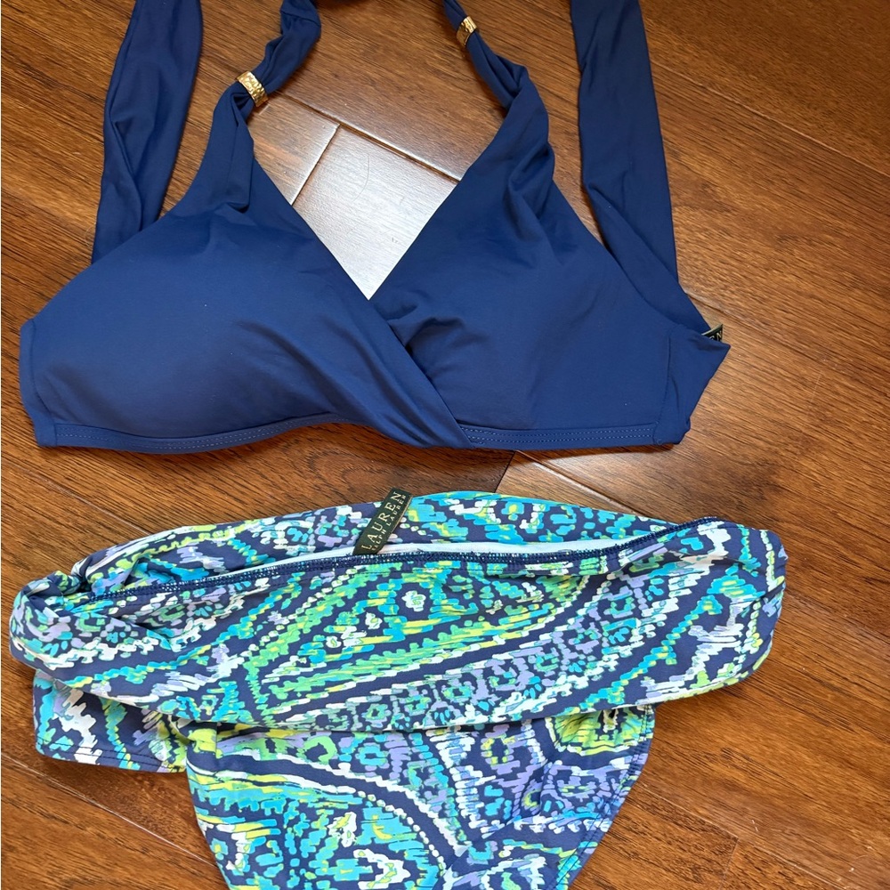 Ralph Lauren - Navy Bikini Top with Patterned Blue-Green Bottom